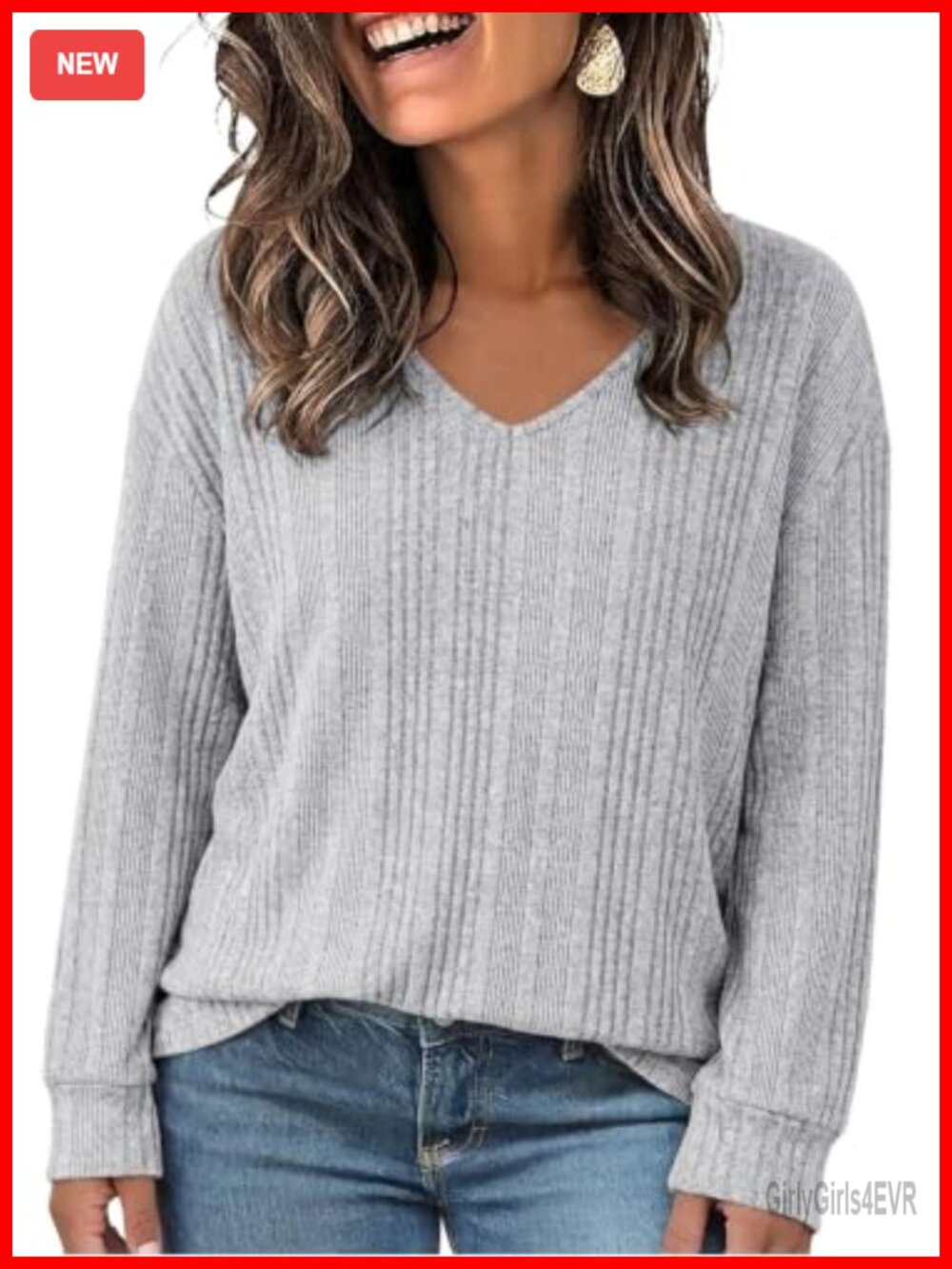 Plus Size Ribbed Knit Long Sleeve V Neck Tunic Top Pullover